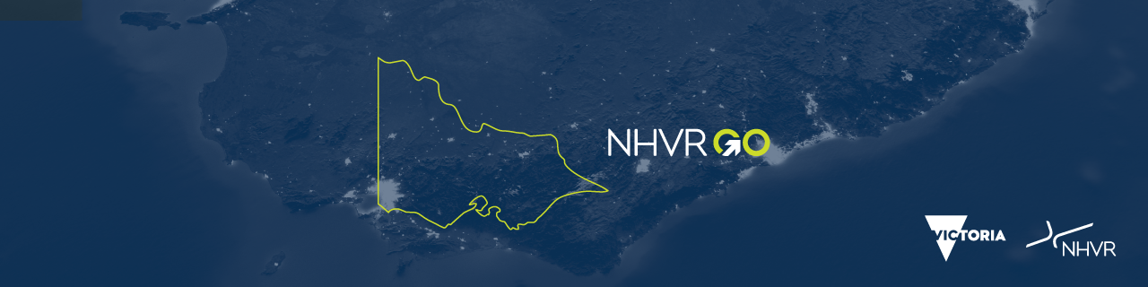 Image of Victoria over a high level background of Australia. Includes the NHVR Go, Victoria Department of Transport and Planning and NHVR logos. 