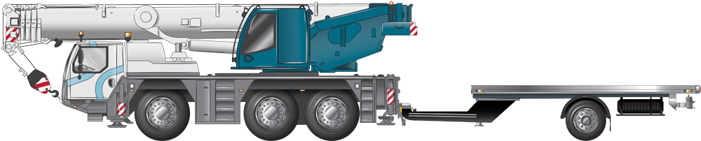 3 axle all terrain crane towing a 1 axle pig trailer