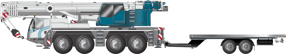 4 axle all terrain crane towing a 2 axle pig trailer