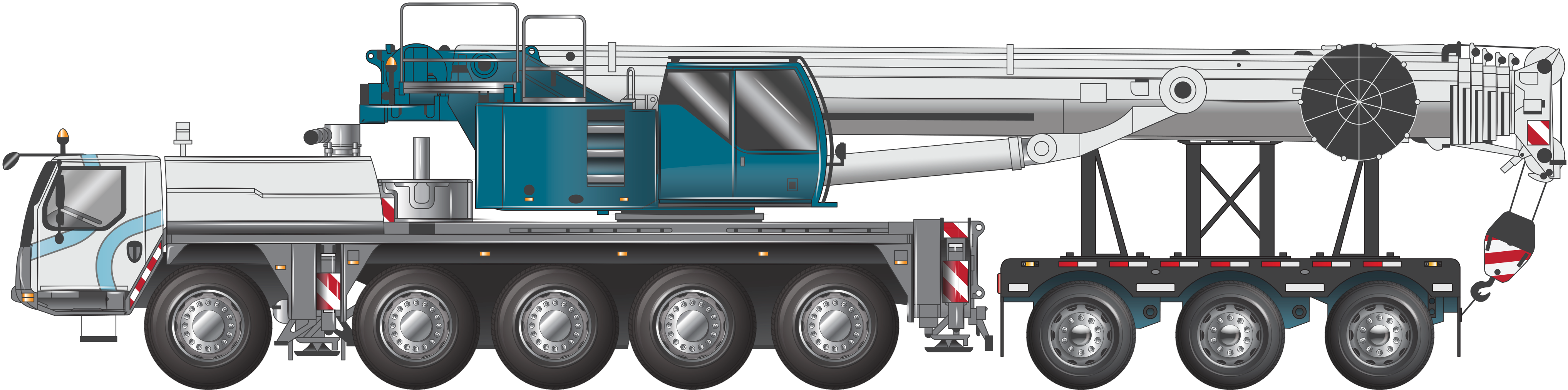 Image is of a 5-axle all terrain crane with a 3-axle dolly