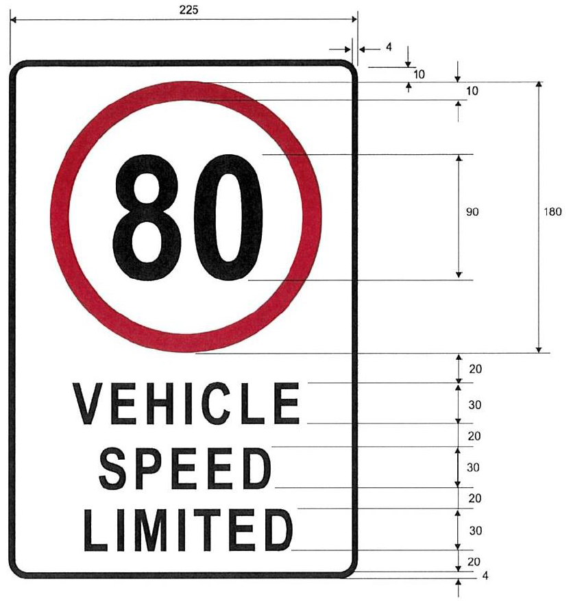Image is of a Special Purpose Vehicle 80 kilometre vehicle speed limited sign that meets the requirements below.