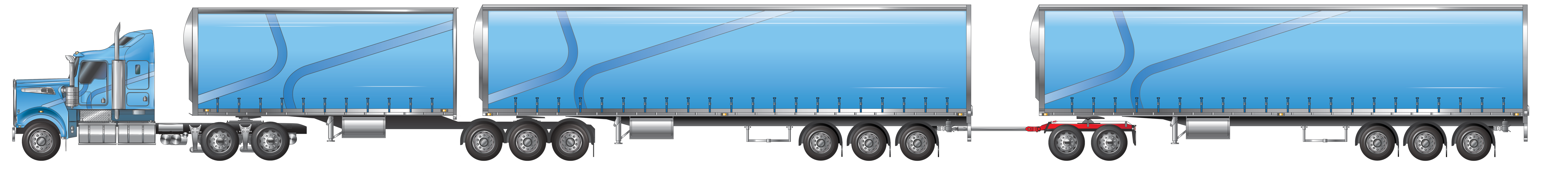 Image is of a Type 1 road train BA-triple with 14 axles