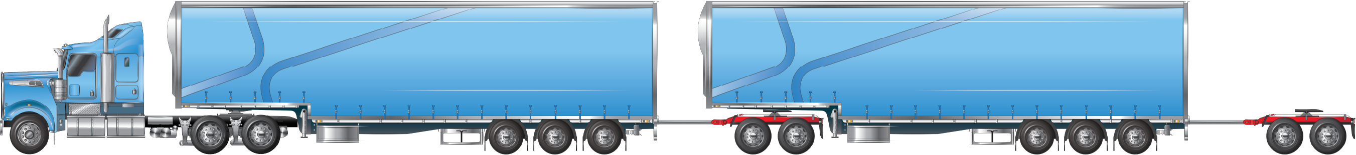 Image is displaying an A-double towing a tandem axle unladen converter dolly.