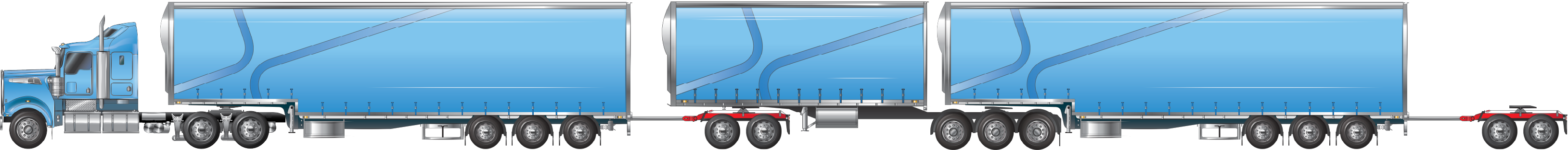 Image is displaying an AB-triple towing a tandem axle unladen converter dolly.