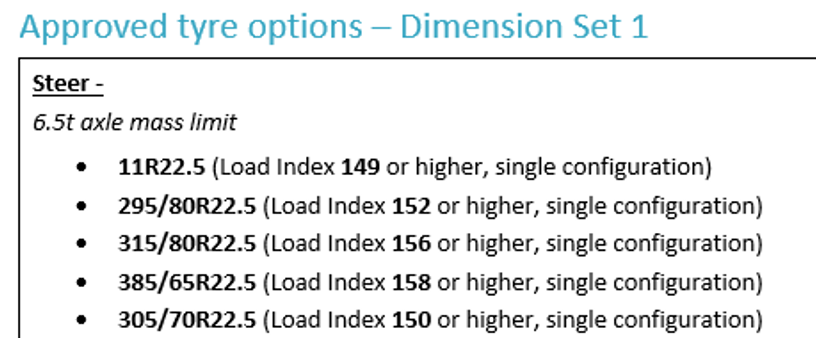 Example of approved tyre options for dimension set 1