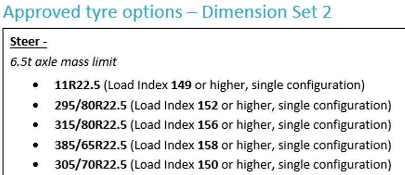 Example of approved tyre options for dimension set 2