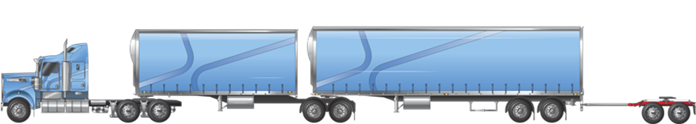 Image is displaying a B-double 1-2 towing a tandem axle unladen converter dolly.
