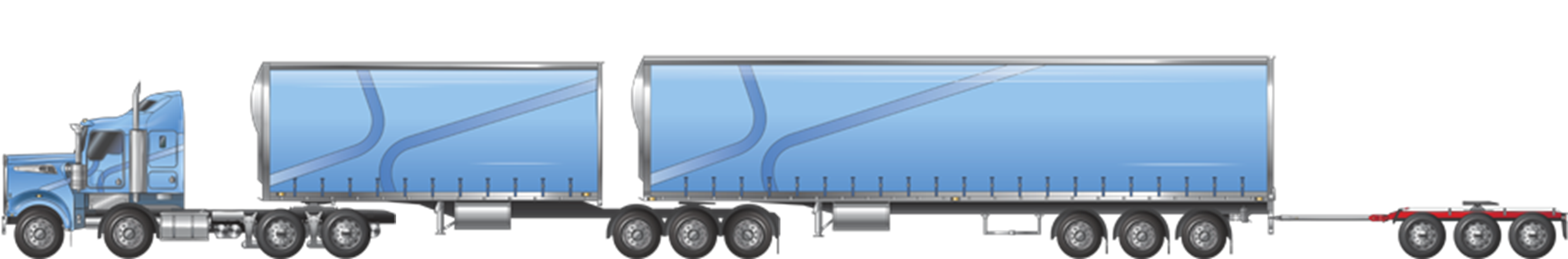 Image is displaying a B-double 2-2 in tri-axle combination towing a tri-axle unladen converter dolly.