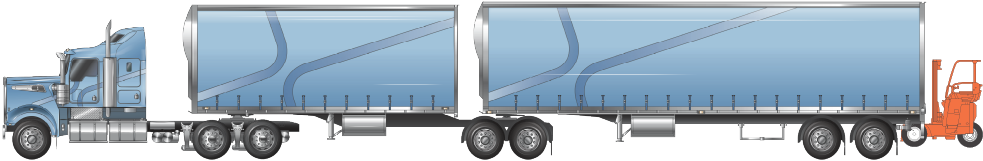 Forklift rear overhang notice - image of a B-Double carrying a forklift at rear