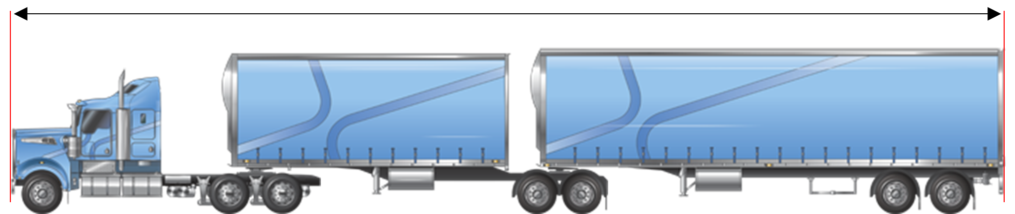 Image is displaying a B-double 1-2 towing no converter dolly at 26m.