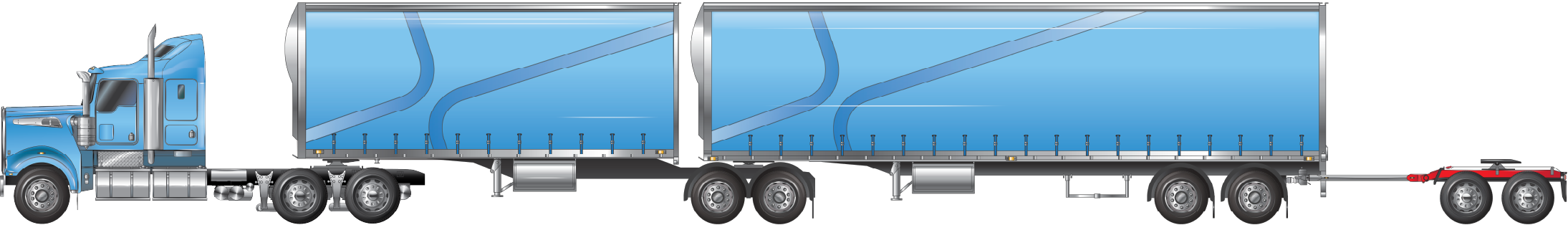 Image is displaying a B-double 1-2 towing a tandem axle unladen converter dolly.
