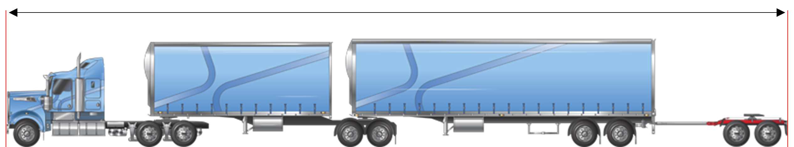 Image is displaying a B-double 1-2 towing a tandem axle unladen converter dolly at 32m.