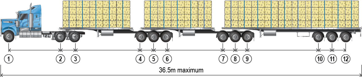 A 12 axle b-triple with axle spacing bubbles under each axle that refer to the table below it for spacing requirements