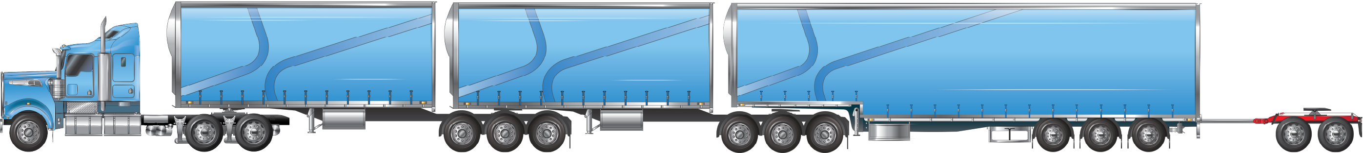 Image is displaying an B-triple towing a tandem axle unladen converter dolly.