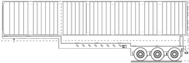 picture is of a container chocked up on a lower deck section of a tri-axle trailer