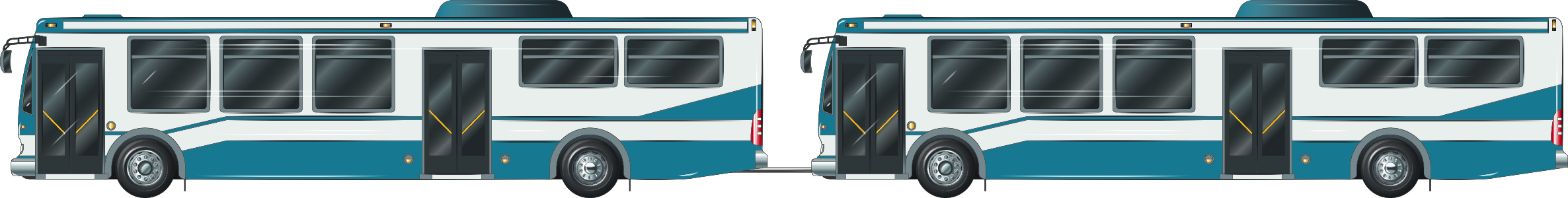 Image of class 3 heavy vehicle combination including a bus towing a broken down bus using a rigid tow bar to connect the towing bus to the towed bus