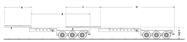 picture is of two tri-axle trailers with labelled deck length measurements