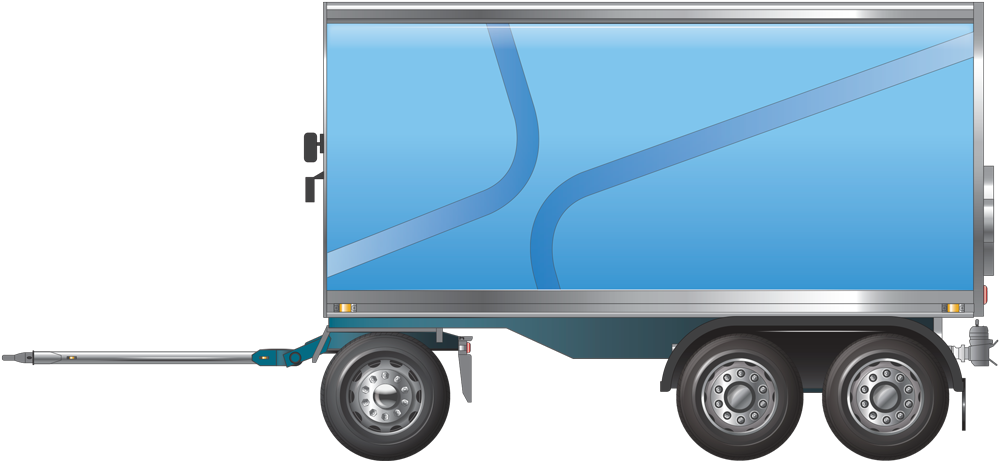 A dog trailer with a single axle at the front and an axle group of two axles at the rear.