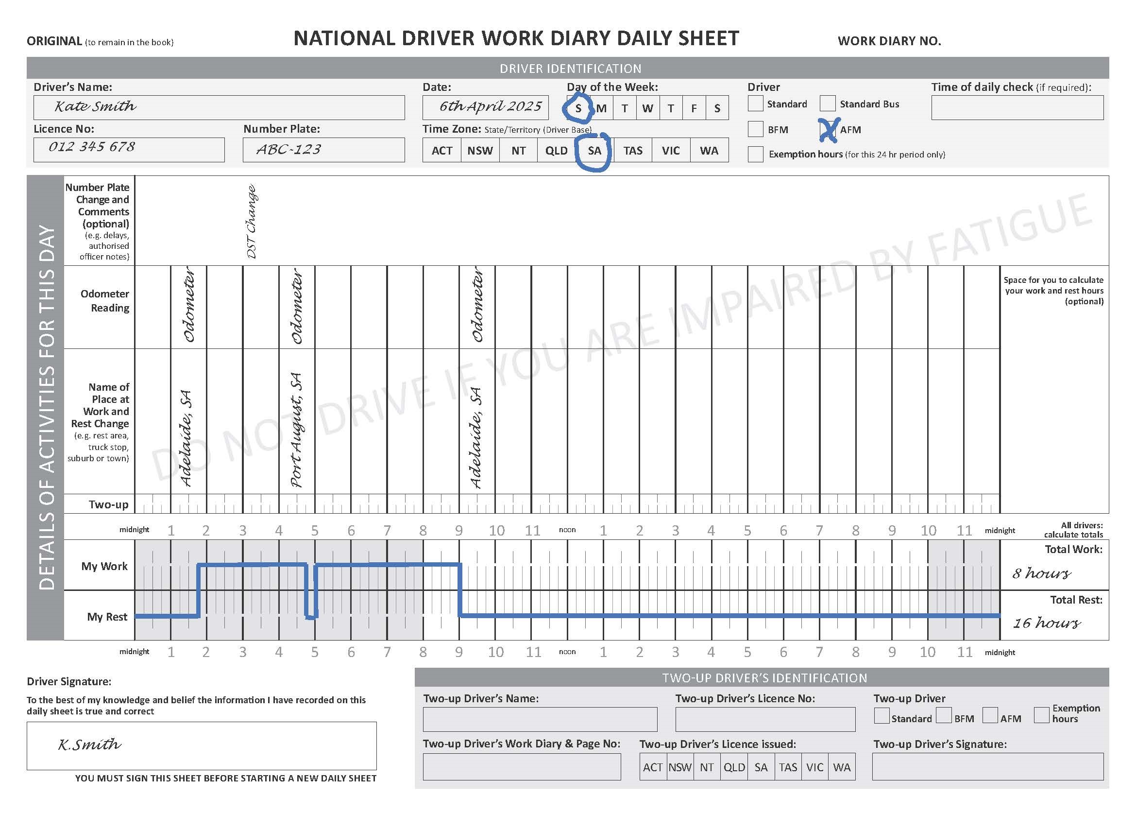 Page 1: Shows work/rest time recorded for AFM with note with record of DST change in SA. All time recorded in base (SA) time.