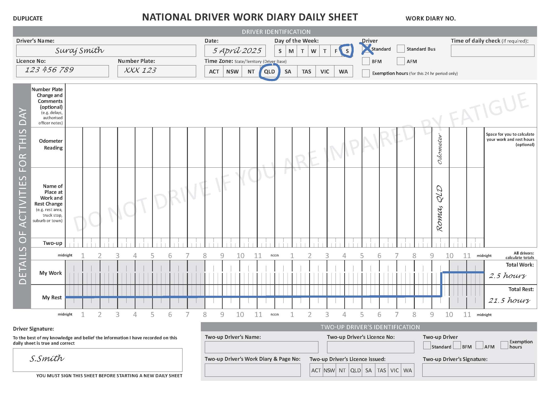 Page 1: Shows work/rest time recorded continuing overnight, with note with record of DST change in NSW. All time recorded in base (QLD) time.