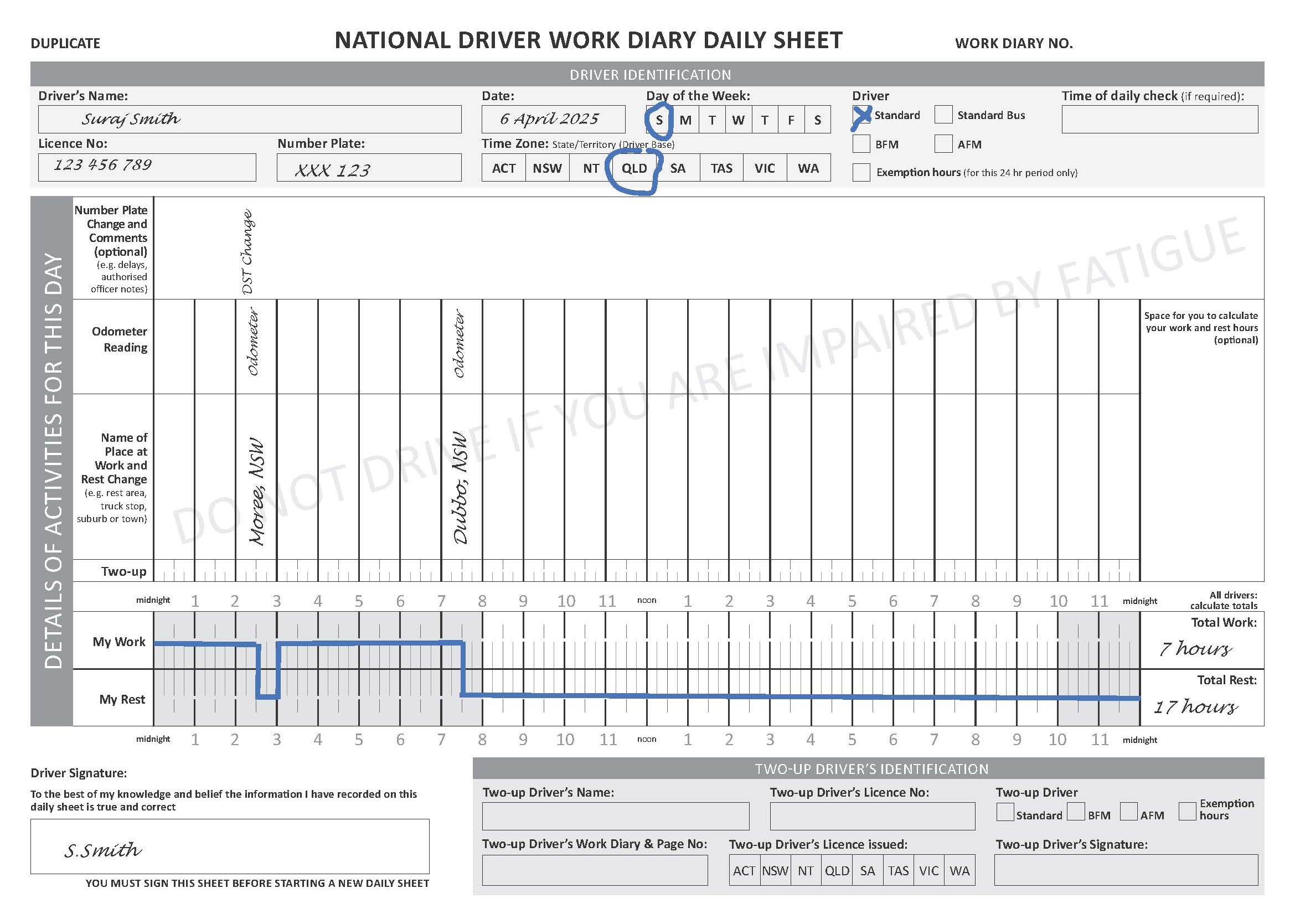 Page 2: Shows work/rest time recorded continuing overnight, with note with record of DST change in NSW. All time recorded in base (QLD) time.