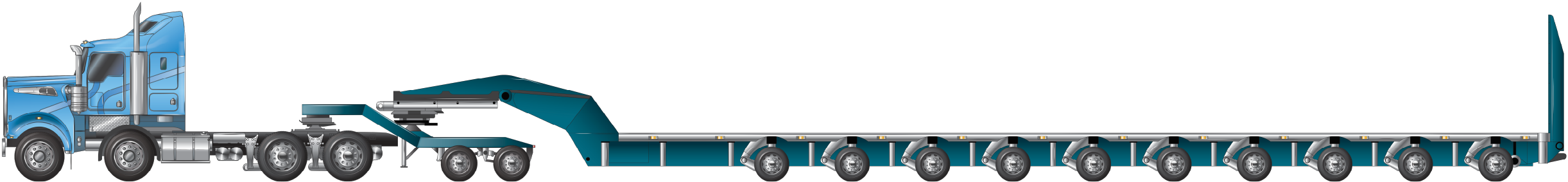 An example of a twin steer prime mover towing a low loader dolly and ten axle platform trailer