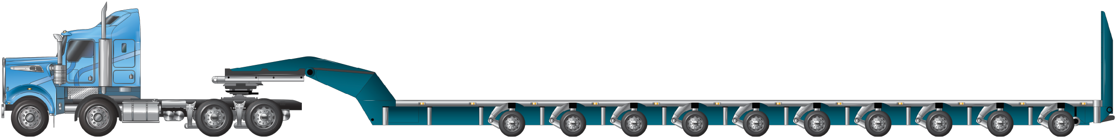 An example of a twin steer prime mover towing a ten axle platform trailer