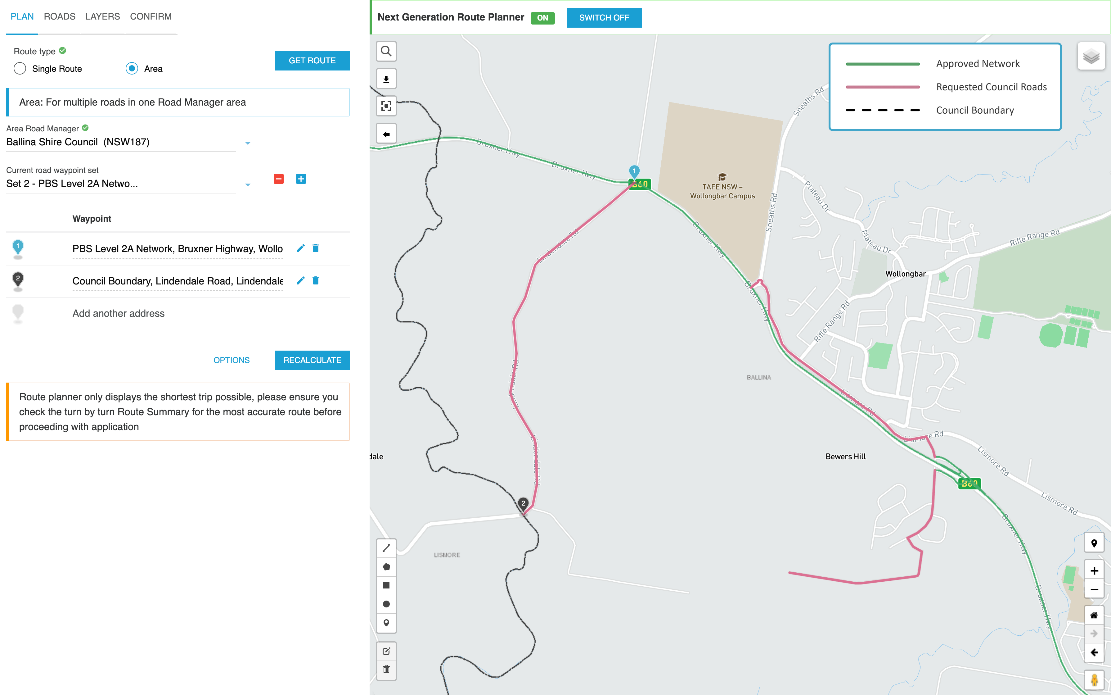 Image is of an area route within the council boundary of Ballina on the Next Generation Route Planner. There is a map key of the different layers shown.