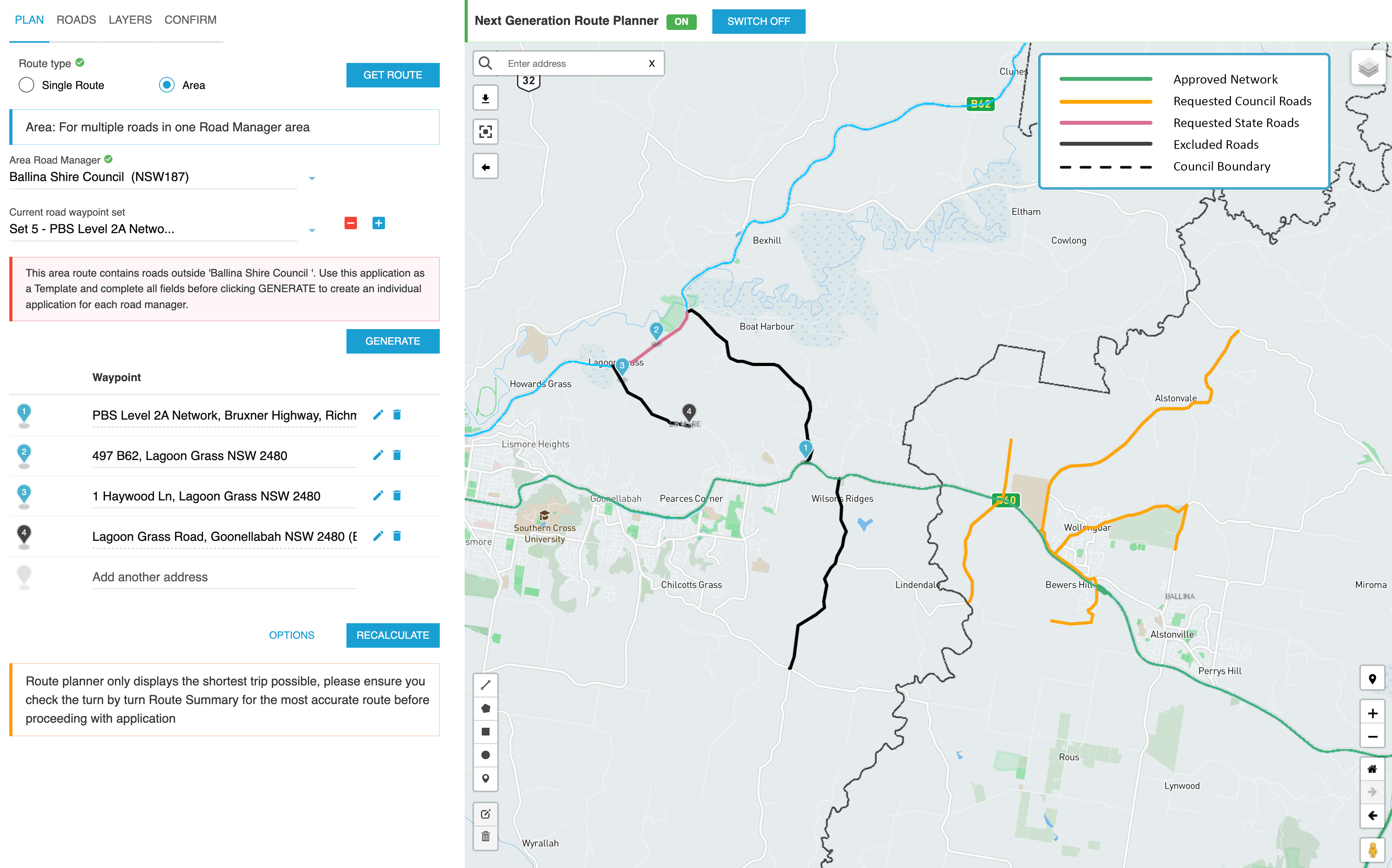 Image is of an area application with two different council boundaries involved on the Next Generation Route Planner.