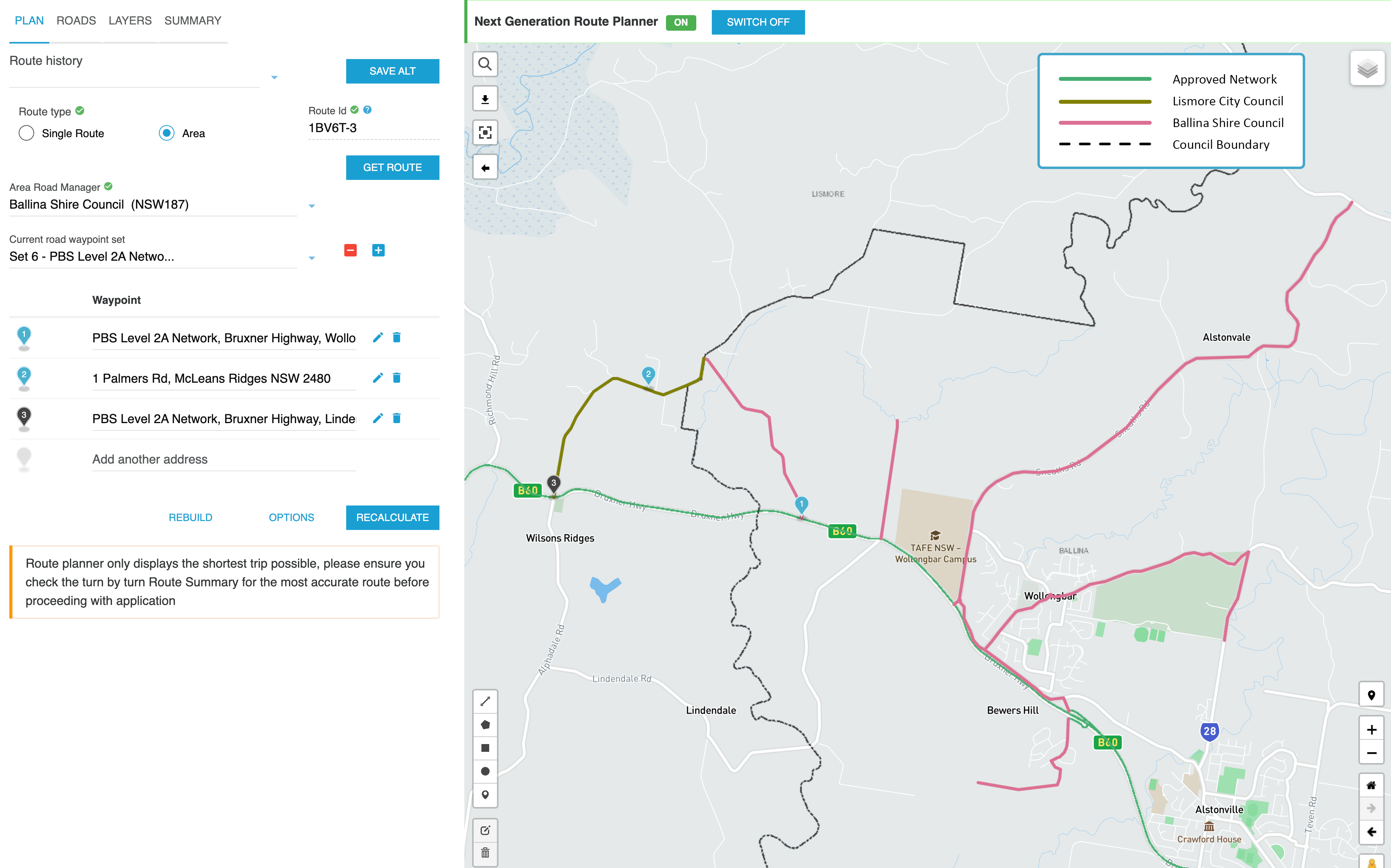 Image is of an area application within one council boundary involved for a single freight task on the Next Generation Route Planner.