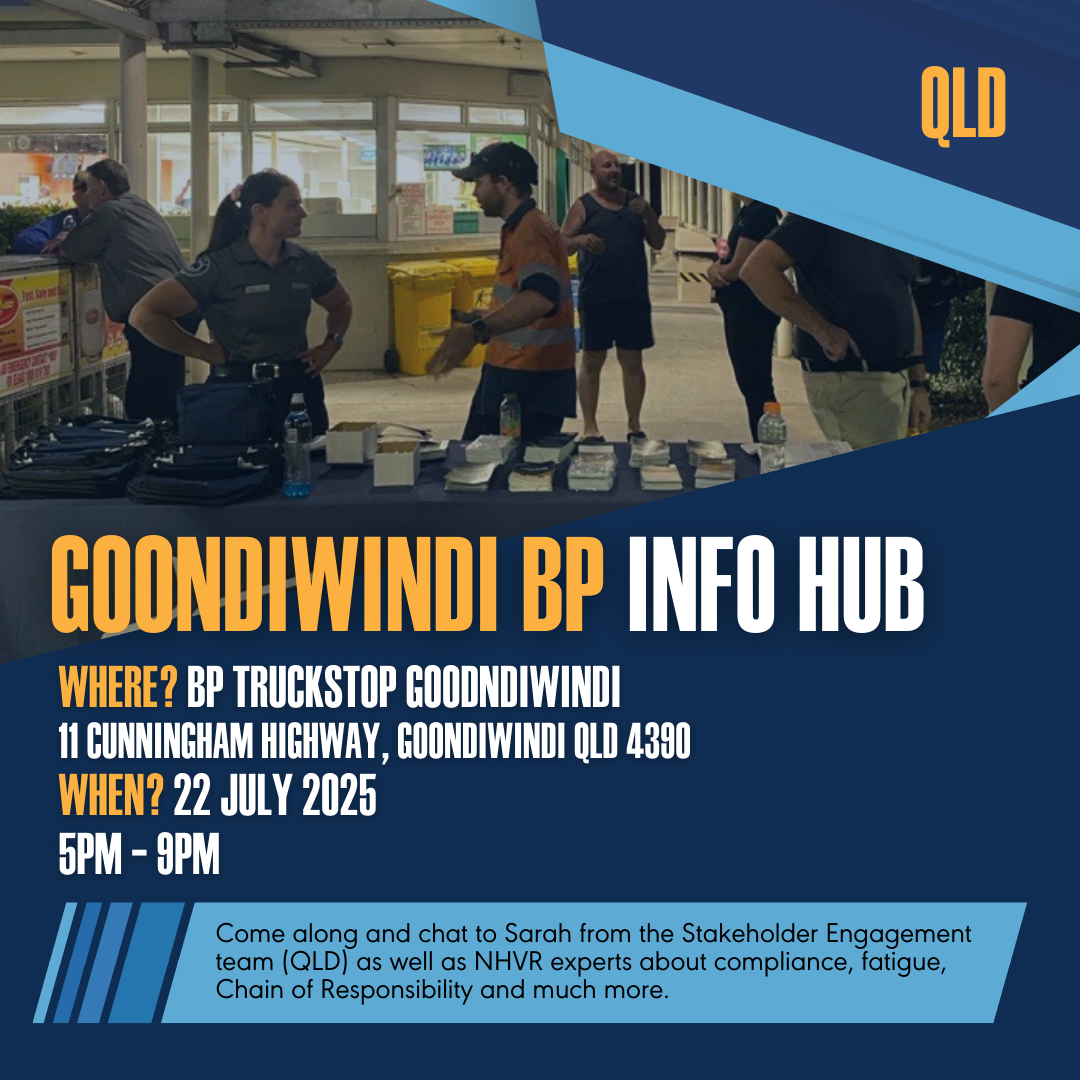 Image of NHVR Roadside details that have been listed in the event information above. BP Truckstop Goondiwindi from 5-9pm AEST Tuesday, 22 July 2025 with Sarah