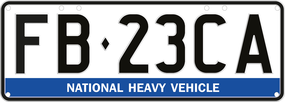 National Heavy Vehicle number plate example: FB23CA