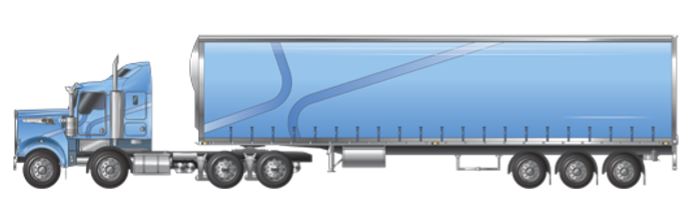 Example of a twin steer prime mover (tandem drive) towing a triaxle semitrailer 