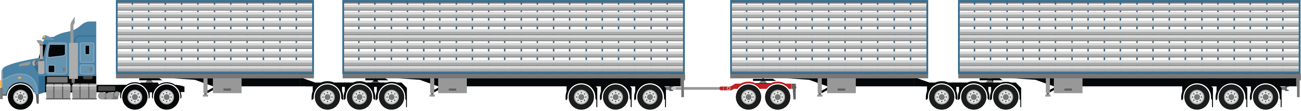 A BAB-quad combination with tri axles trailers and a tri axle dolly at 53.5m metres, used for carrying cattle, pigs, sheep or goats example