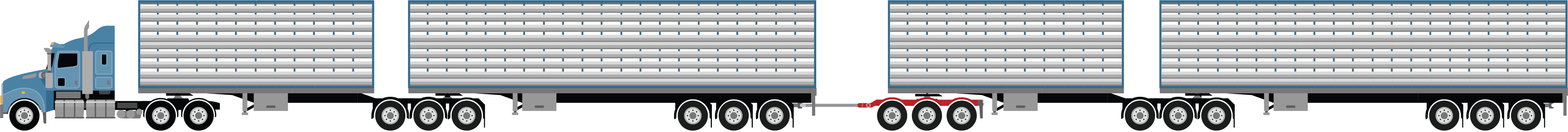 A BAB-quad combination with tri axles trailers and a tri axle dolly at 53.5m metres, used for carrying cattle, pigs, sheep or goats example