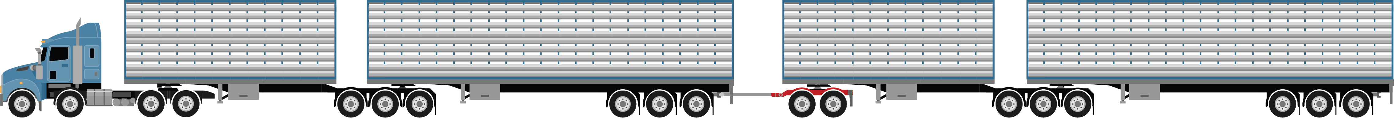 A BAB-quad combination with tri axles trailers and a tri axle dolly at 53.5m metres, used for carrying cattle, pigs, sheep or goats example