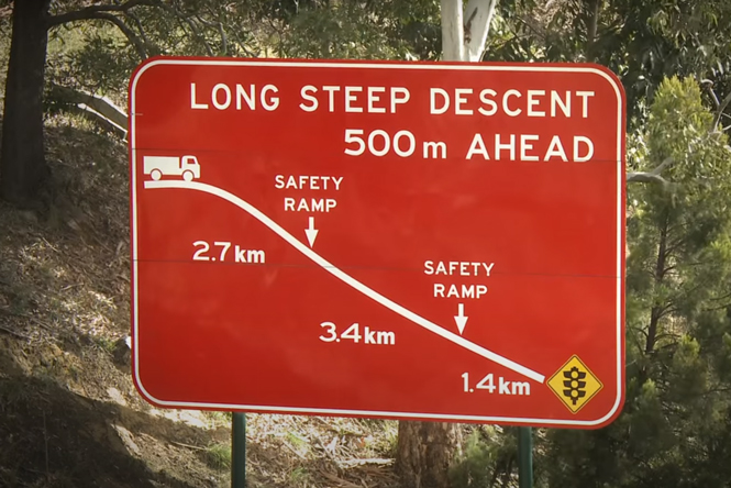 Road sign - Long steep descent 500m ahead