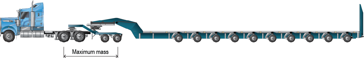 An example of a prime mover towing a tandem axle low loader dolly and 10-axle platform trailer