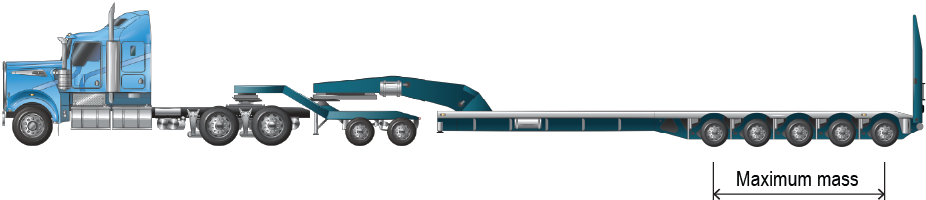 An example of a prime mover towing a tandem axle low loader dolly and quin-axle low loader