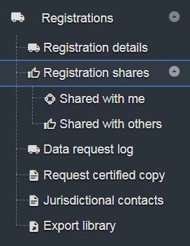 picture is of the drop down menu on the side of the Portal for Registration highlighting the Registration shares menu item