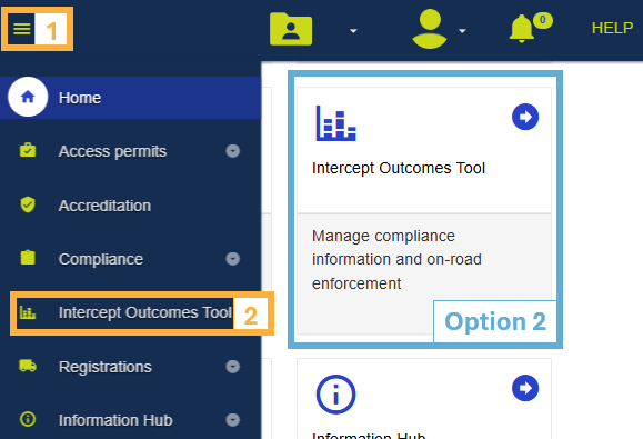 Example of locating the Operator Regulatory Performance Program - Intercept Outcomes Tool (ORRP - IOT) in NHVR Go for Administrator