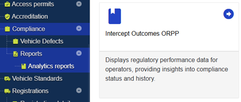 Example of locating the Operator Regulatory Performance Program - Intercept Outcomes Tool (ORRP - IOT) in NHVR Go for Administrator