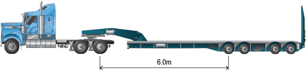 Image of a prime mover towing a low loader with the axle spacing reading 6m