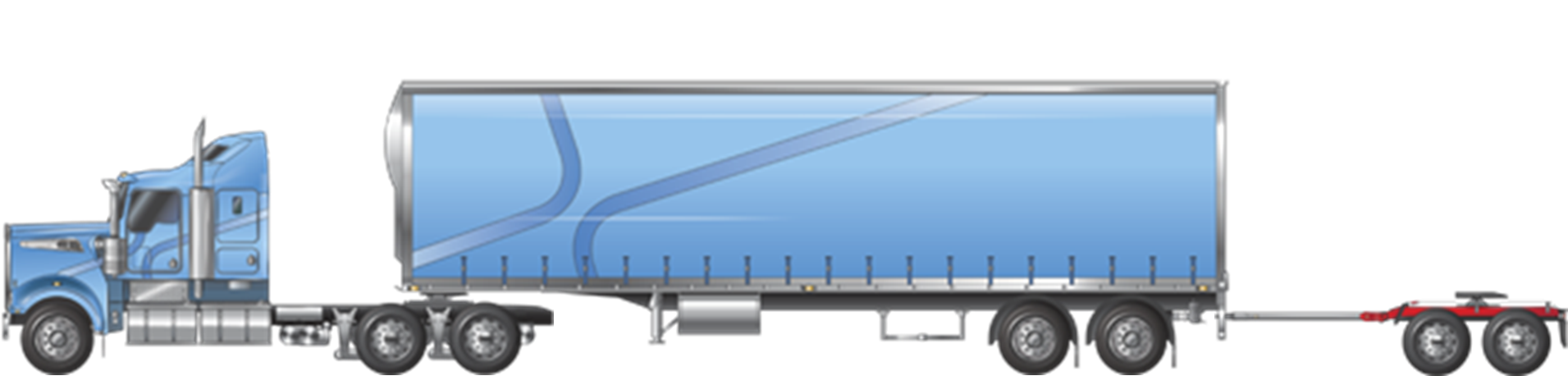 Image is displaying a Prime mover 1-2 and tandem-axle trailer and tandem-axle dolly.