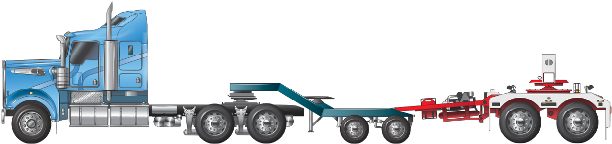 An example of a prime mover towing a 2 axle low loader dolly and a 2 axle jinker trailer