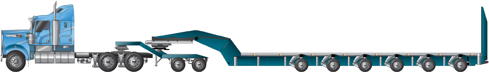 An example of a prime mover towing a 2 axle low loader dolly and a 6 axle platform trailer