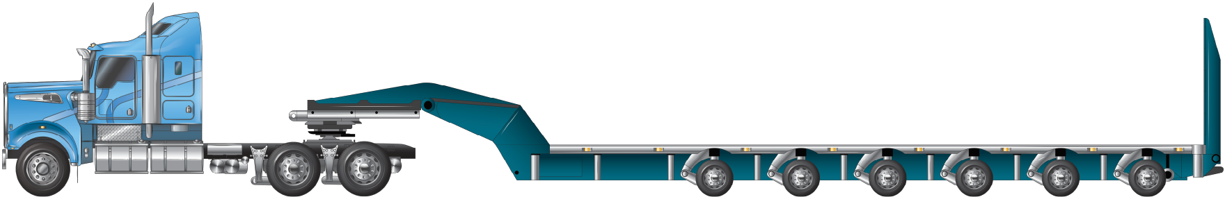 An example of a prime mover towing a 6 axle platform trailer