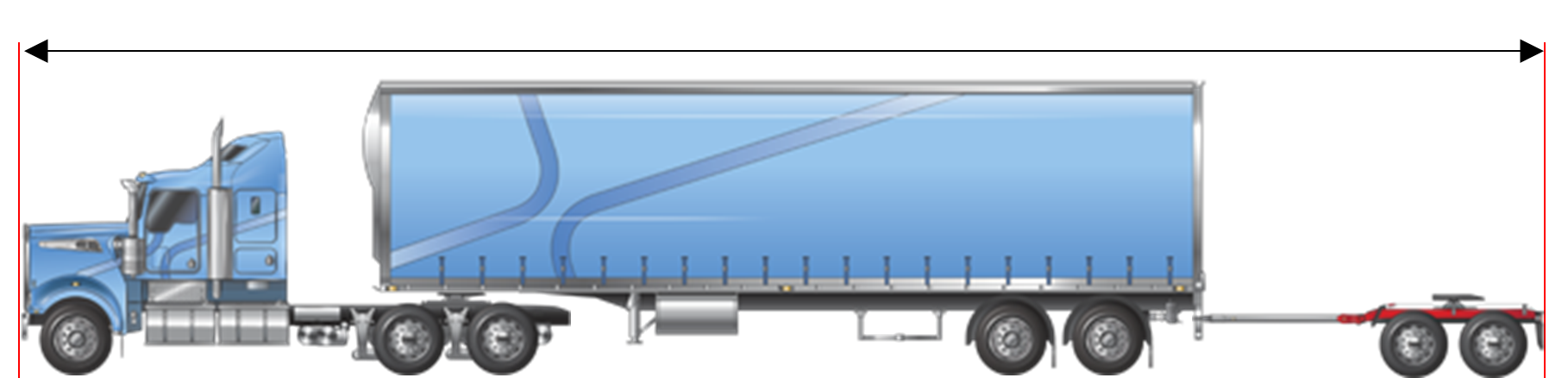 Image is displaying a Prime mover 1-2 and tandem-axle trailer and tandem-axle dolly at 26m.