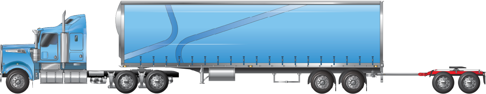 Image is displaying a Prime mover 1-2 and tandem-axle trailer and tandem-axle dolly.