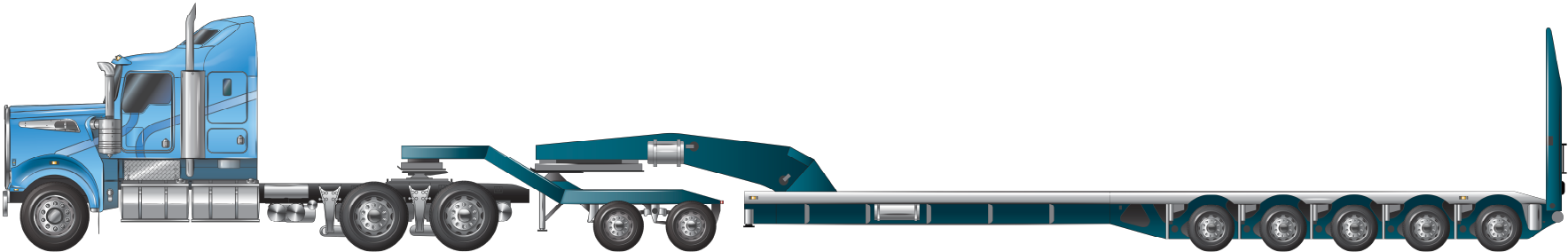 An example of a prime mover towing a tandem axle low loader dolly and quin-axle low loader